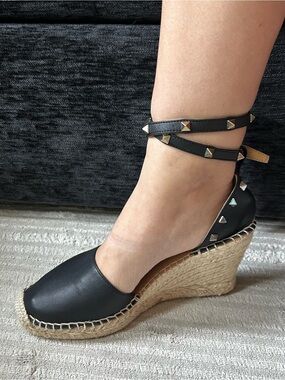 Black Studded Ankle-Tie Espadrille Wedge